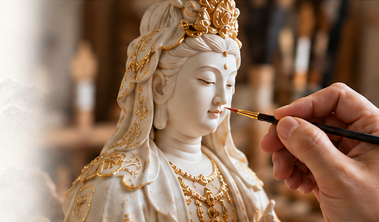 师傅为白色金饰观音神像细心上色